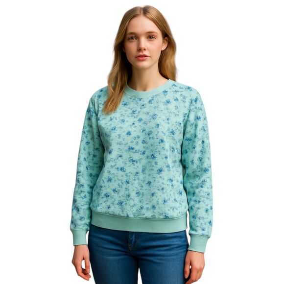 Blair Blue Floral Sweatshirt Medium Cotton Blend Pullover Round Neck Ribbed Soft - Picture 1 of 14